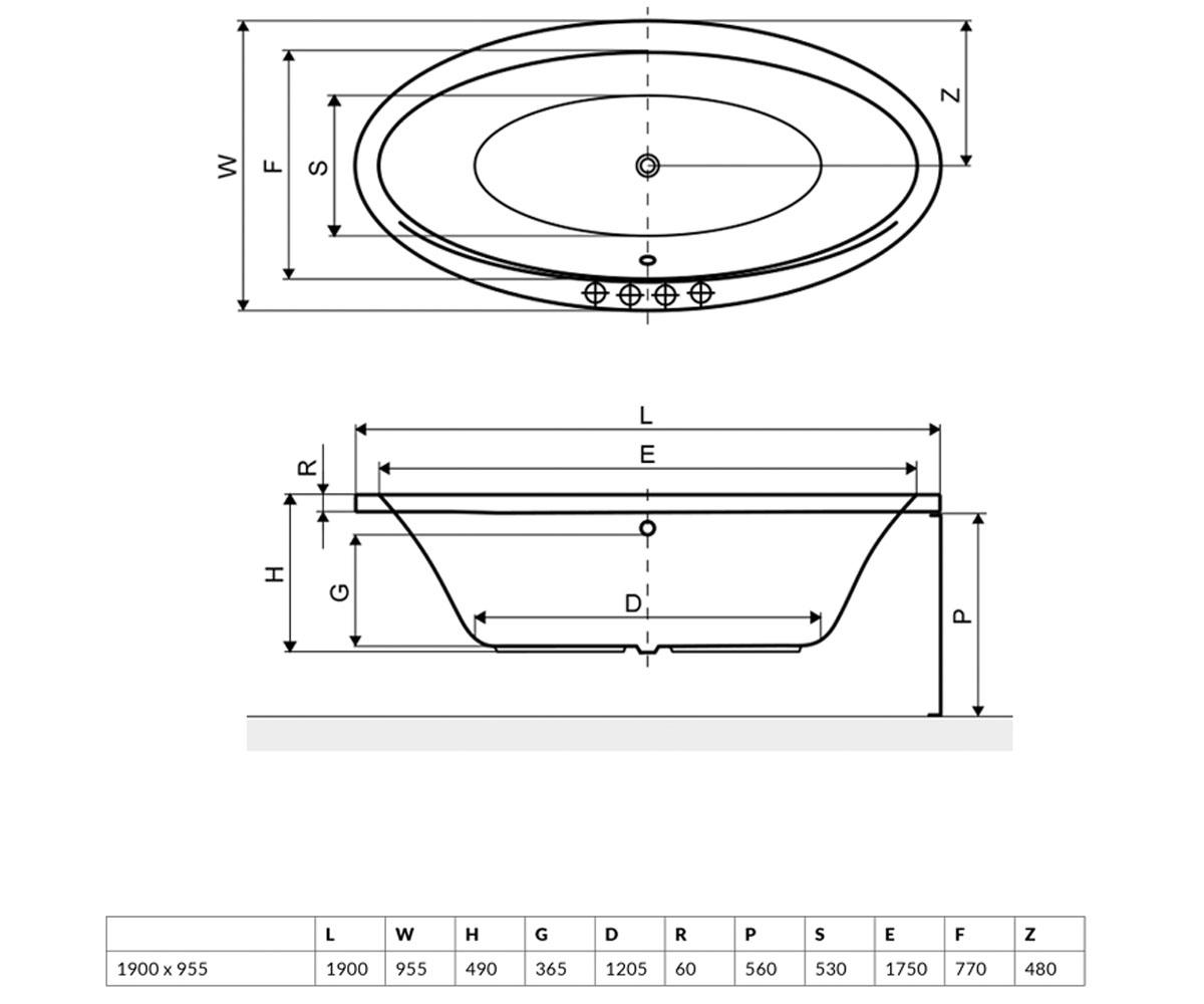 Ванна овальная 190 см  LUMINA WAEX.LUM19WH:Чертеж 
