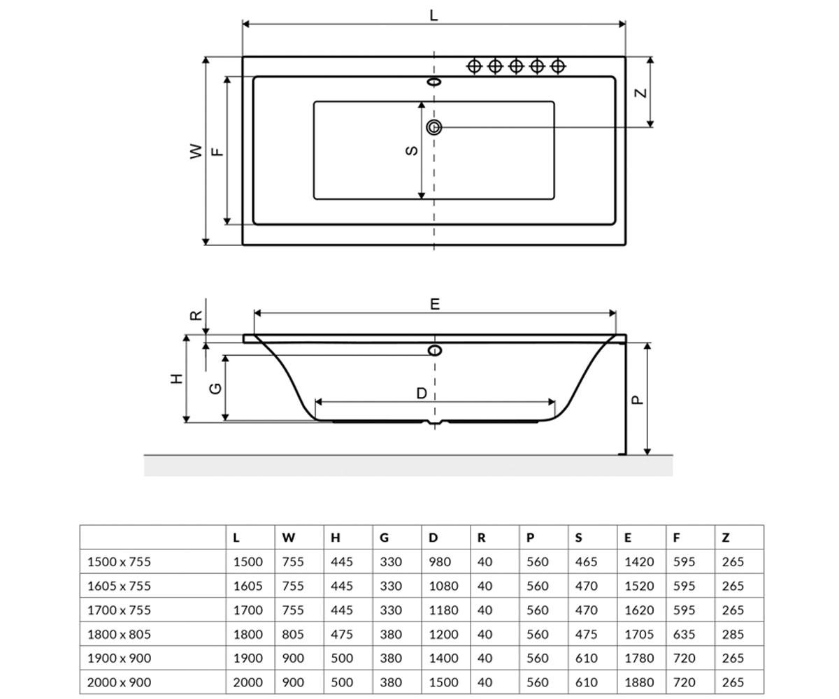 Ванна акриловая 200х90 см  PRYZMAT WAEX.PRY20WH:Чертеж 