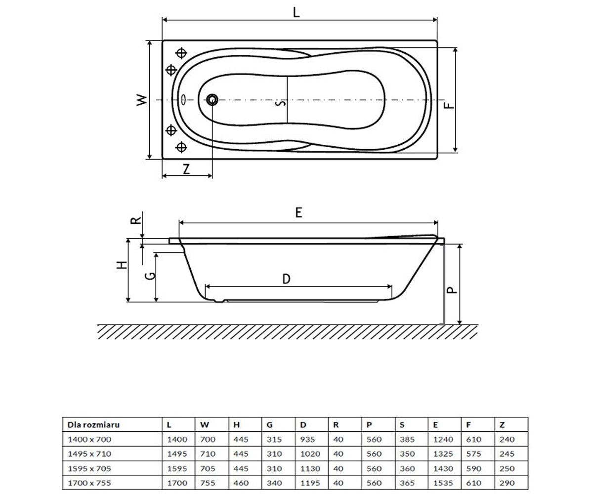 Ванна прямоугольная 135 л  SEKWANA WAEX.SEK14WH:Чертеж 