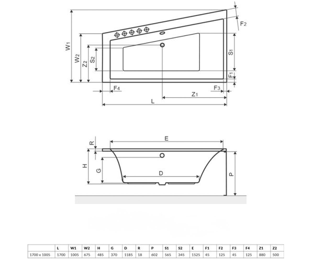 Ванна левая 170х100 см  SFERA SLIM WAEX.SFL17WHS:Чертеж 