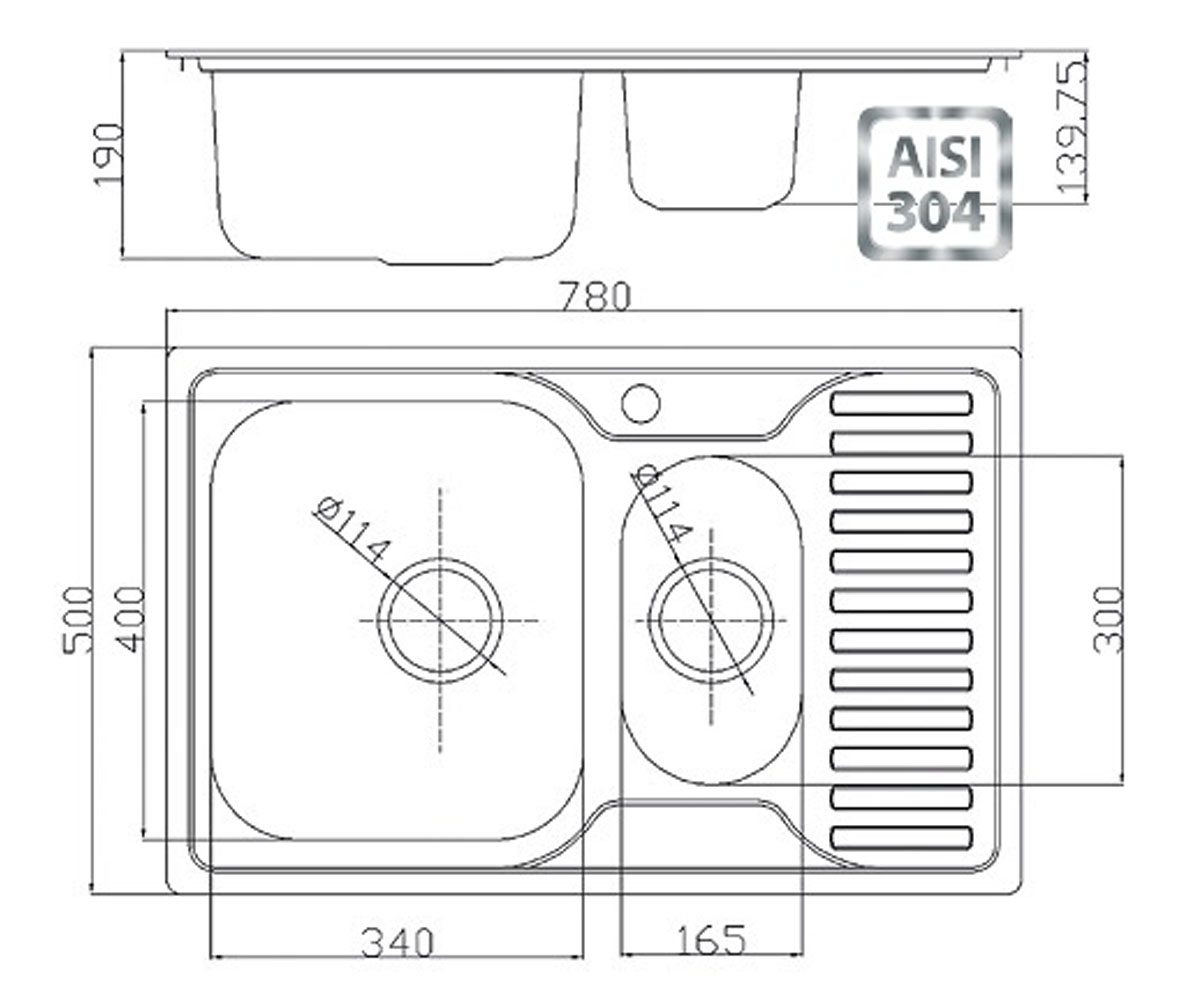 Полуторная мойка  780X500X15 MAT:Чертеж 