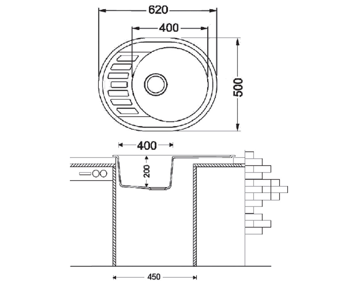 Овальная мойка  ARC ARC 62X50 ANTRACIT:Чертеж 