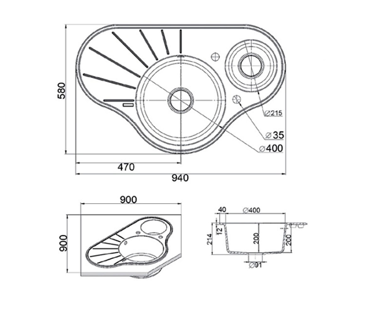 Гранитная угловая мойка  ARC ARC 94X58X15 ANTRACIT:Чертеж 