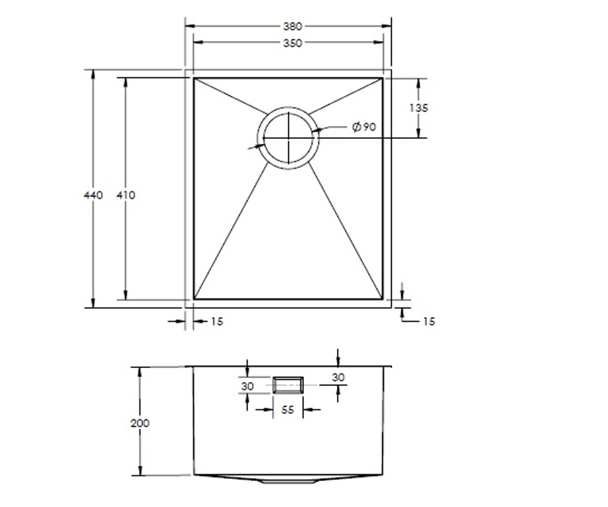 Мойка стальная  QUADRO QUADRO 38 R10 380X440:Чертеж 