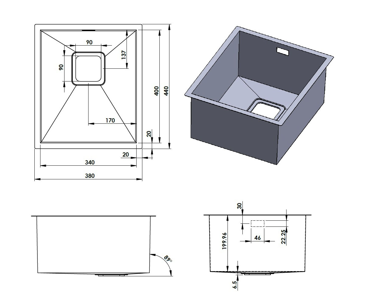 Мойка стальная  QUADRO QUADRO 38X44:Чертеж 