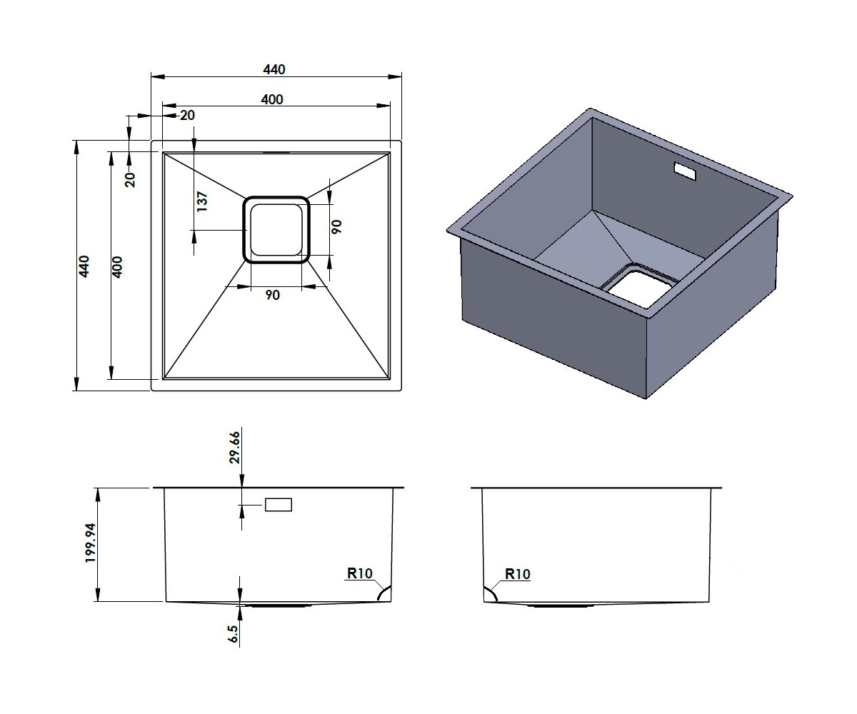 Мойка стальная  QUADRO QUADRO 44X44 R10:Чертеж 