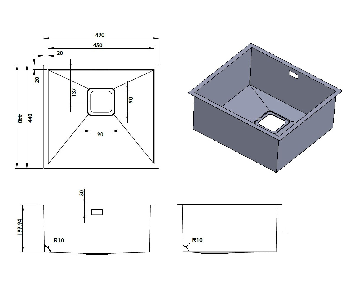 Мойка стальная  QUADRO QUADRO 49X44 R10:Чертеж 
