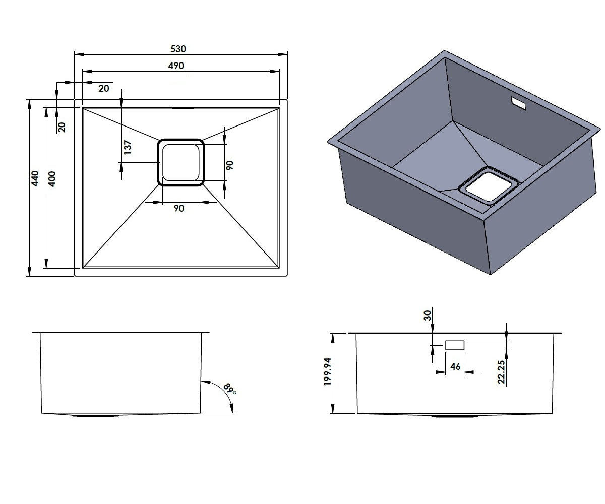 Мойка стальная  QUADRO QUADRO 53 R10 530X440:Чертеж 