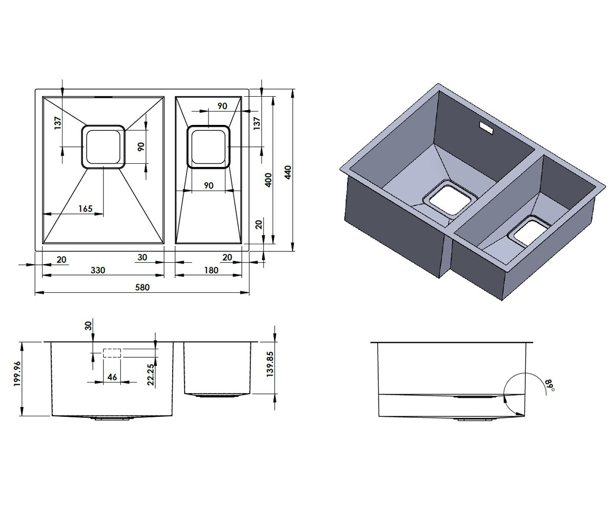 Полуторная мойка  QUADRO QUADRO 58X44 L R10:Чертеж 