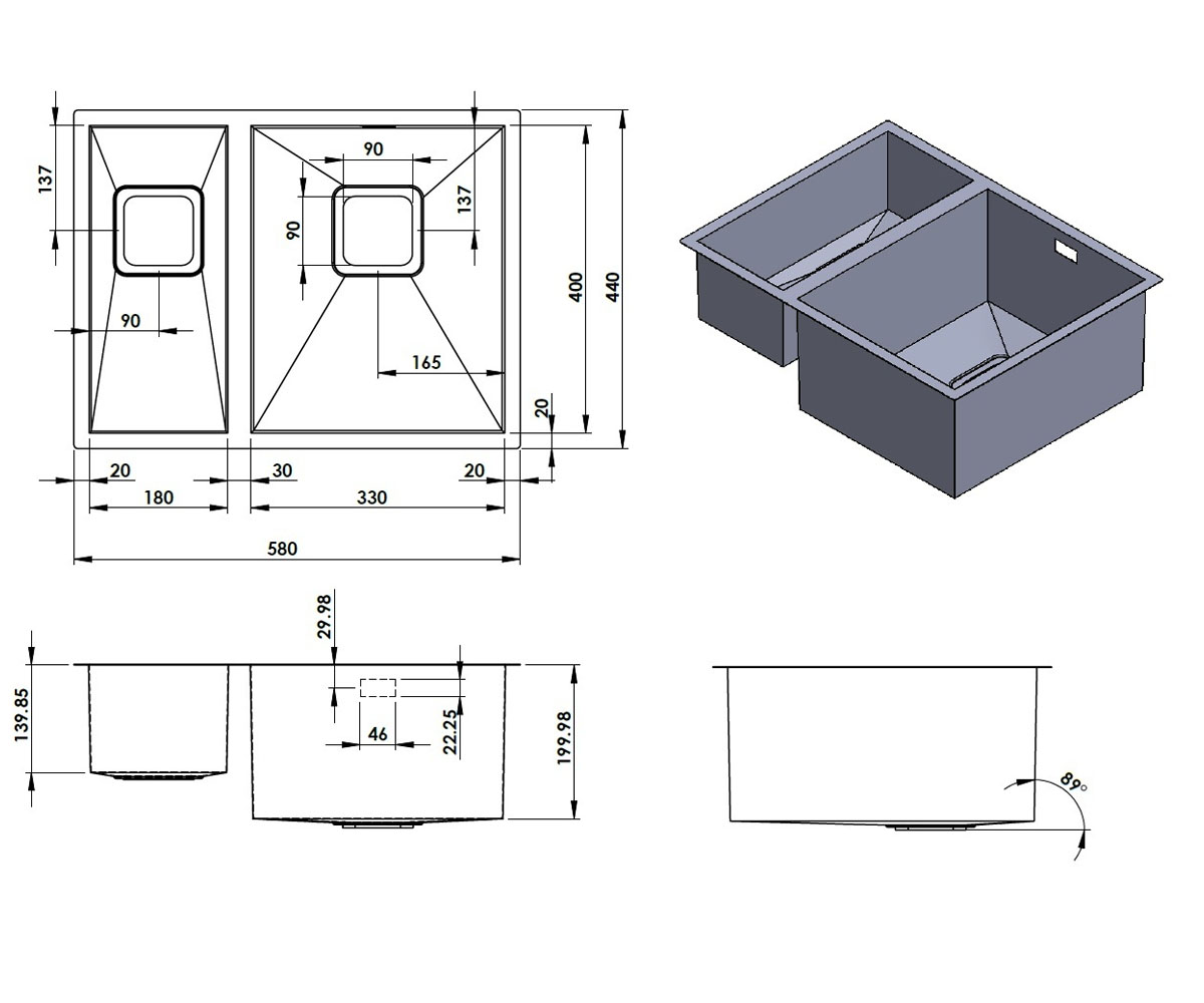 Полуторная мойка  QUADRO QUADRO 58X44 R R10:Чертеж 