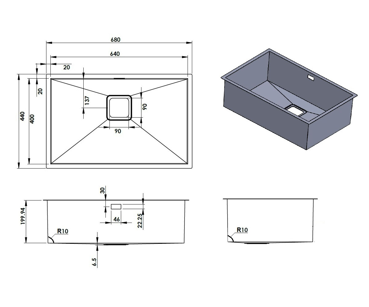 Мойка стальная 68 см  QUADRO QUADRO 68X44 R10:Чертеж 