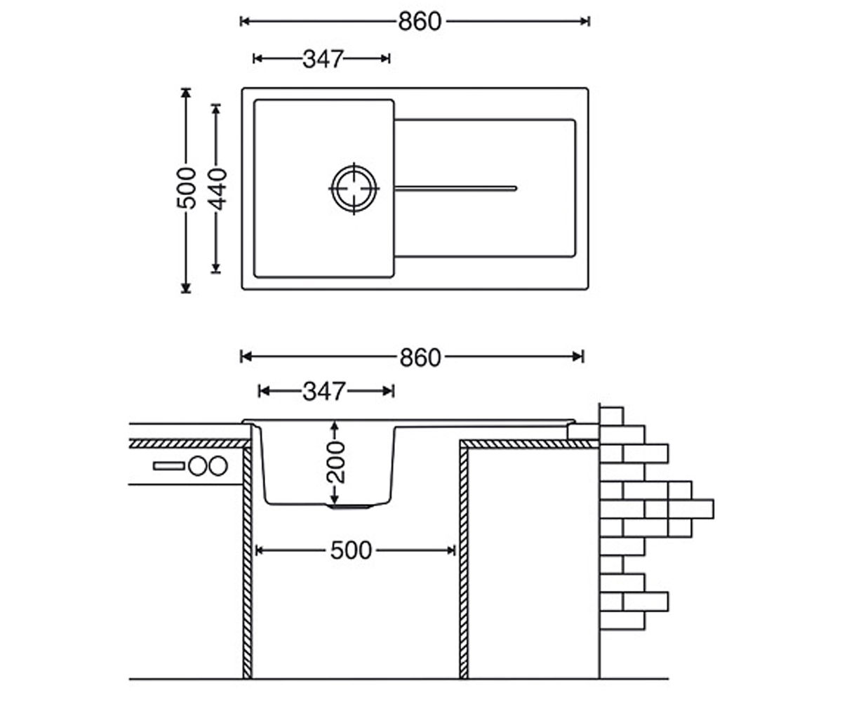 Мойка гранитная  QUADRO QUADRO 86X50 ANTRACIT:Чертеж 