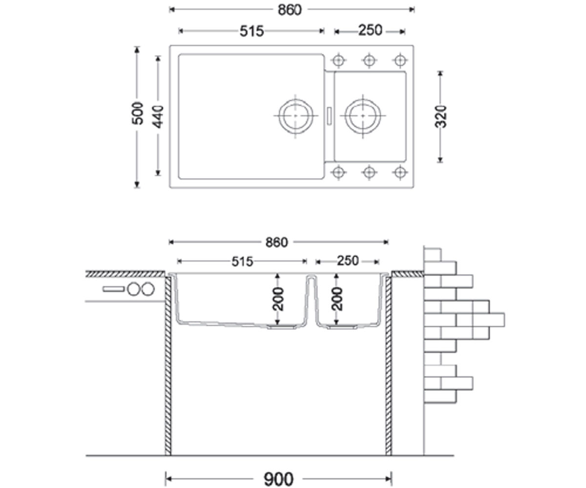 Гранитная мойка  QUADRO QUADRO 86X50X15 ANTRACIT:Чертеж 