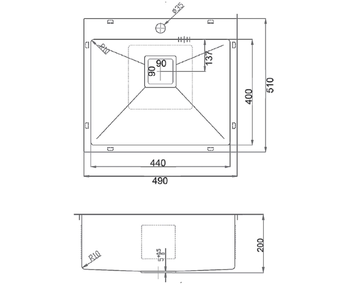Мойка на столешницу  QUADRO TOP 49 R10 490X510:Чертеж 