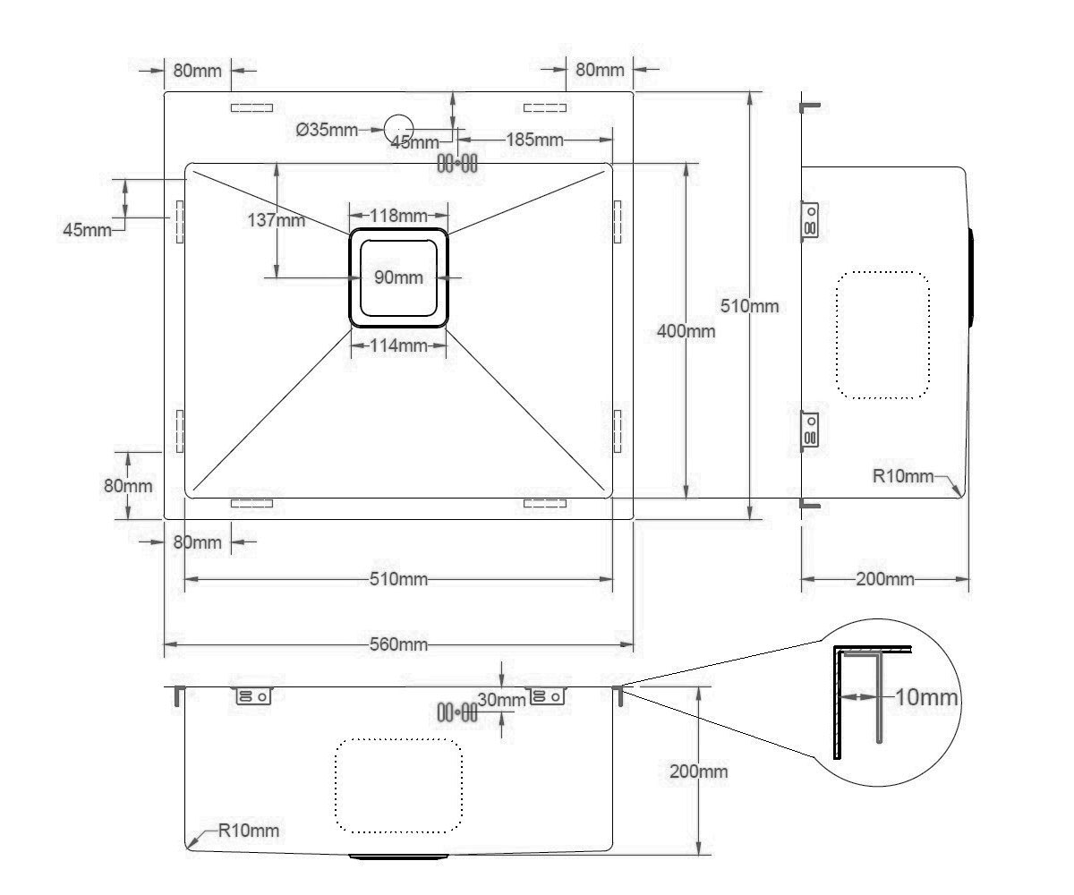 Мойка на столешницу  QUADRO TOP 56X51 R10:Чертеж 