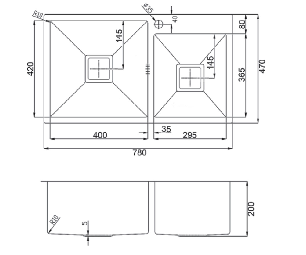 Двойная мойка  QUADRO TOP 78X2 R10 780X490:Чертеж 
