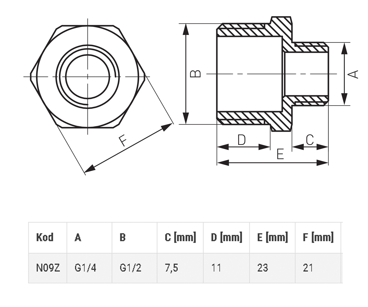 Ниппель редукционный 1/4х1/2  N09ZW:Чертеж 