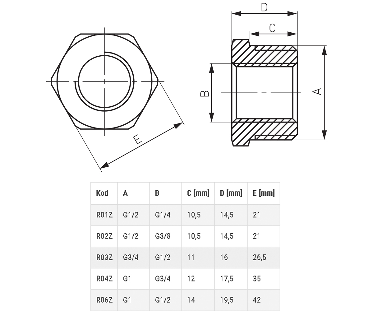 Латунный переходник 1х1/2  R06ZW:Чертеж 