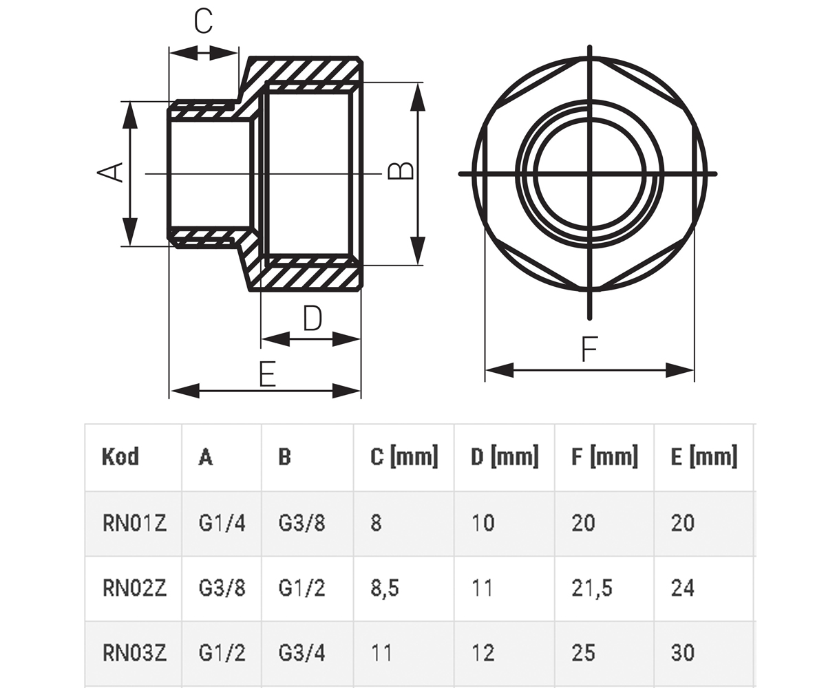Переходник латунный 1/2х3/4  RN03ZW:Чертеж 