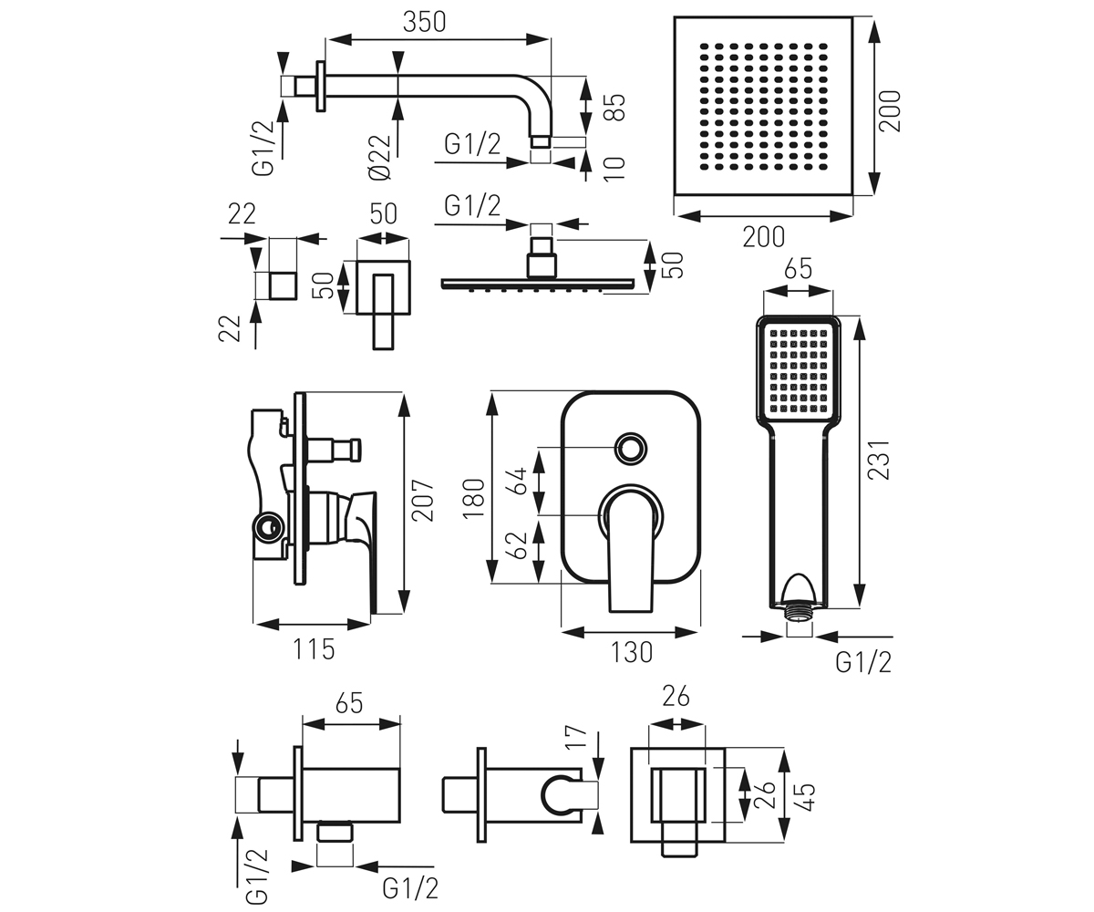 Душевая система  ALGEO SQUARE SET-SQ1-P:Чертеж 