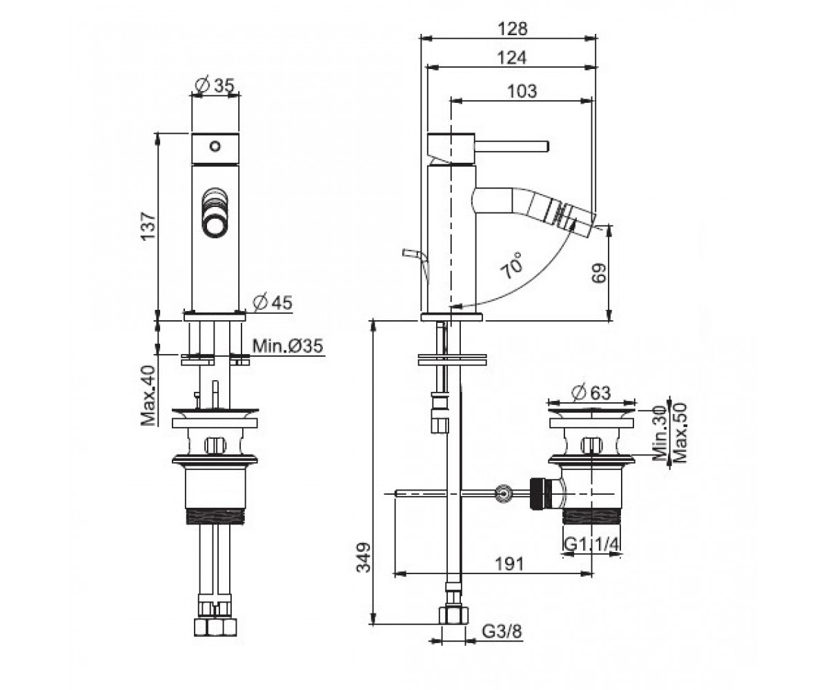 Смеситель для биде  SPILLO UP F3032XSBS:Чертеж 