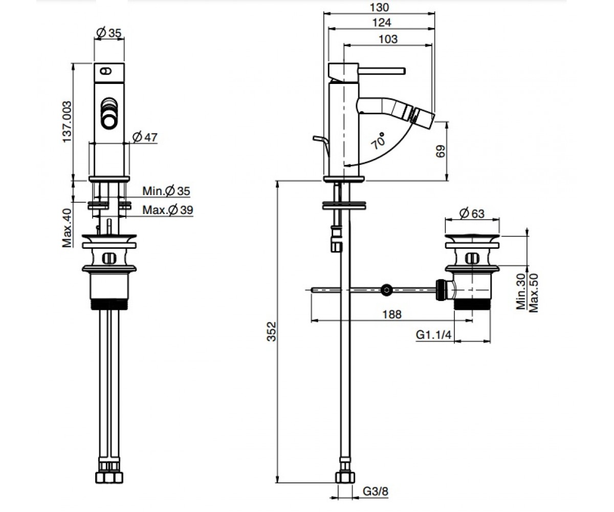 Смеситель для биде  SPILLO UP F3032XSCR:Чертеж 