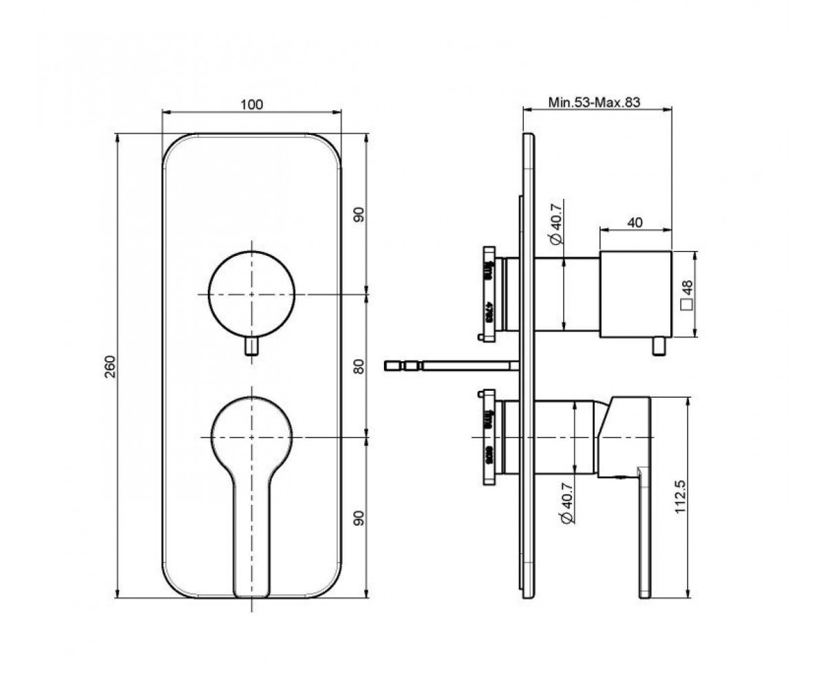 Встраиваемый смеситель с переключателем  MATRIX F3539X6CR:Чертеж 