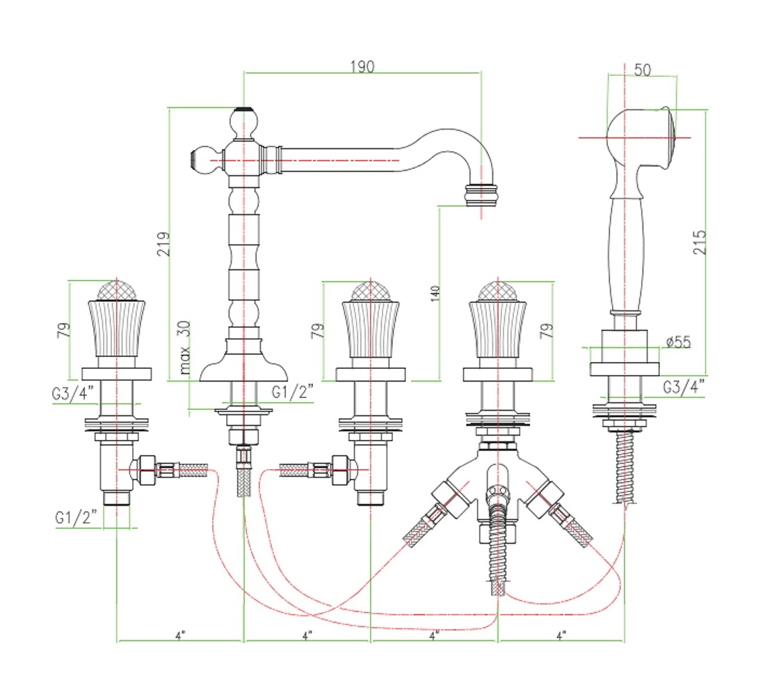Смеситель для ванны на пять отверстий  VENERE SKY 13 CR 0607:Чертеж 