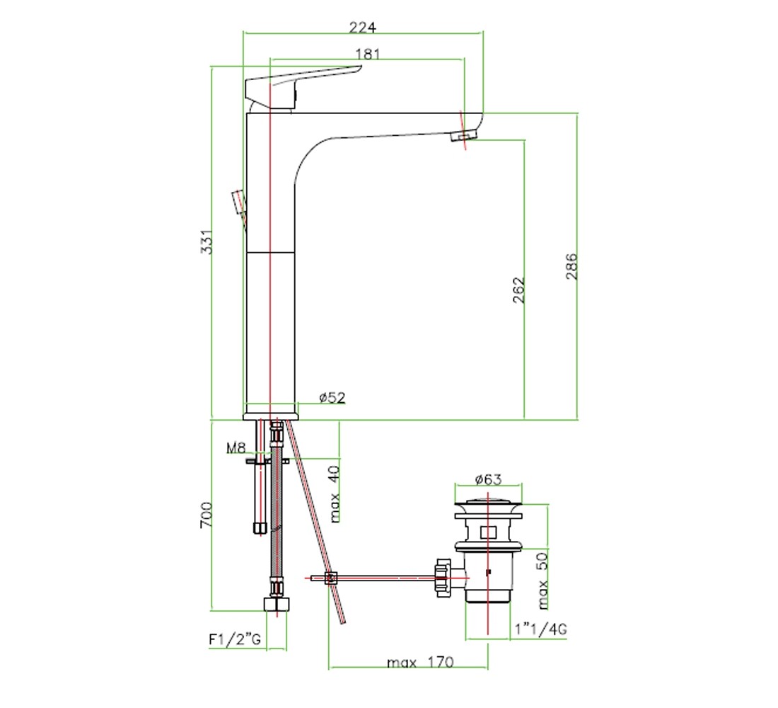 Смеситель для раковины высокий  KEVON 81 CR 8126:Чертеж 