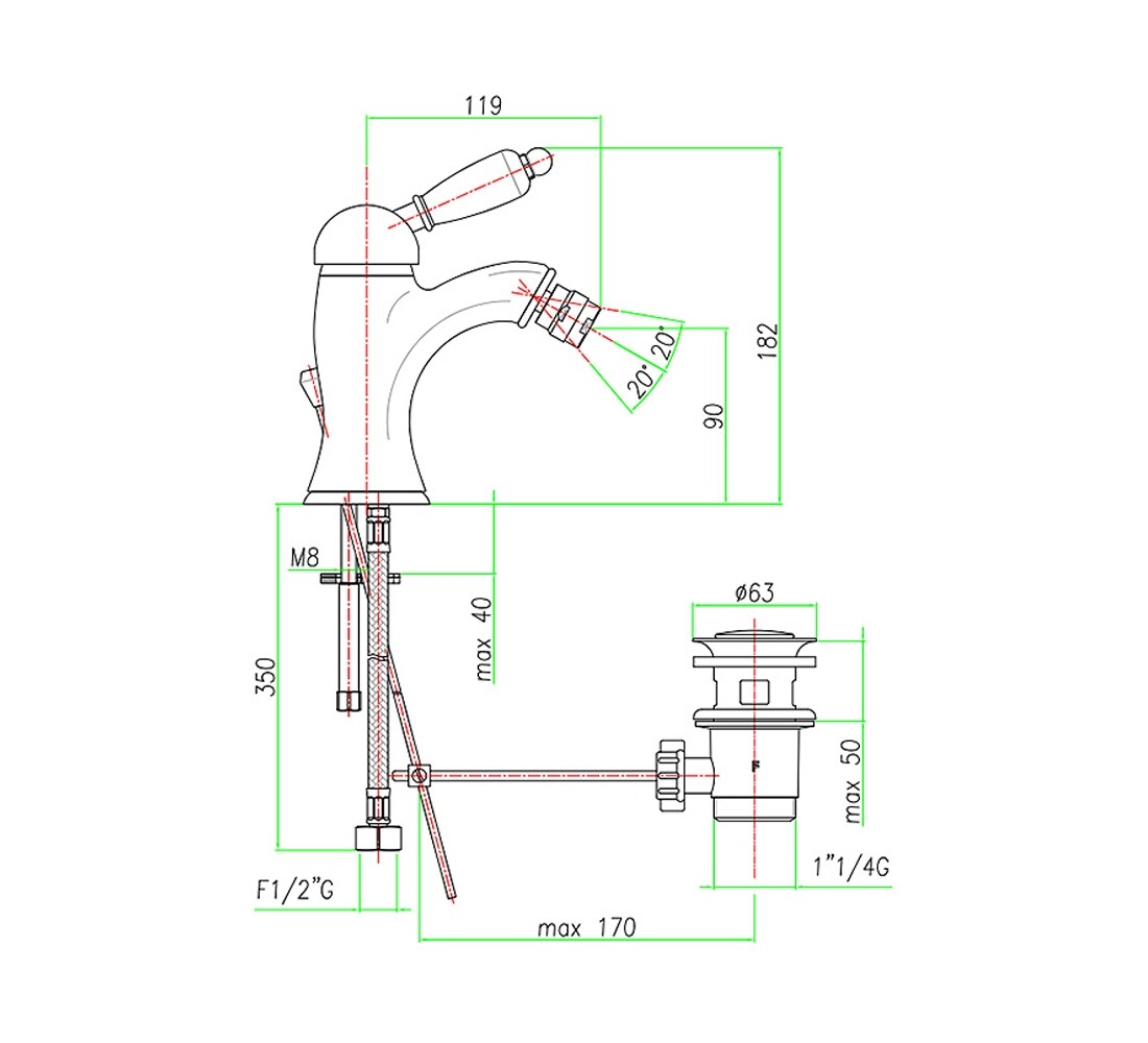 Смеситель для биде с донным клапаном  IMPERIAL 83 CR 5321:Чертеж 