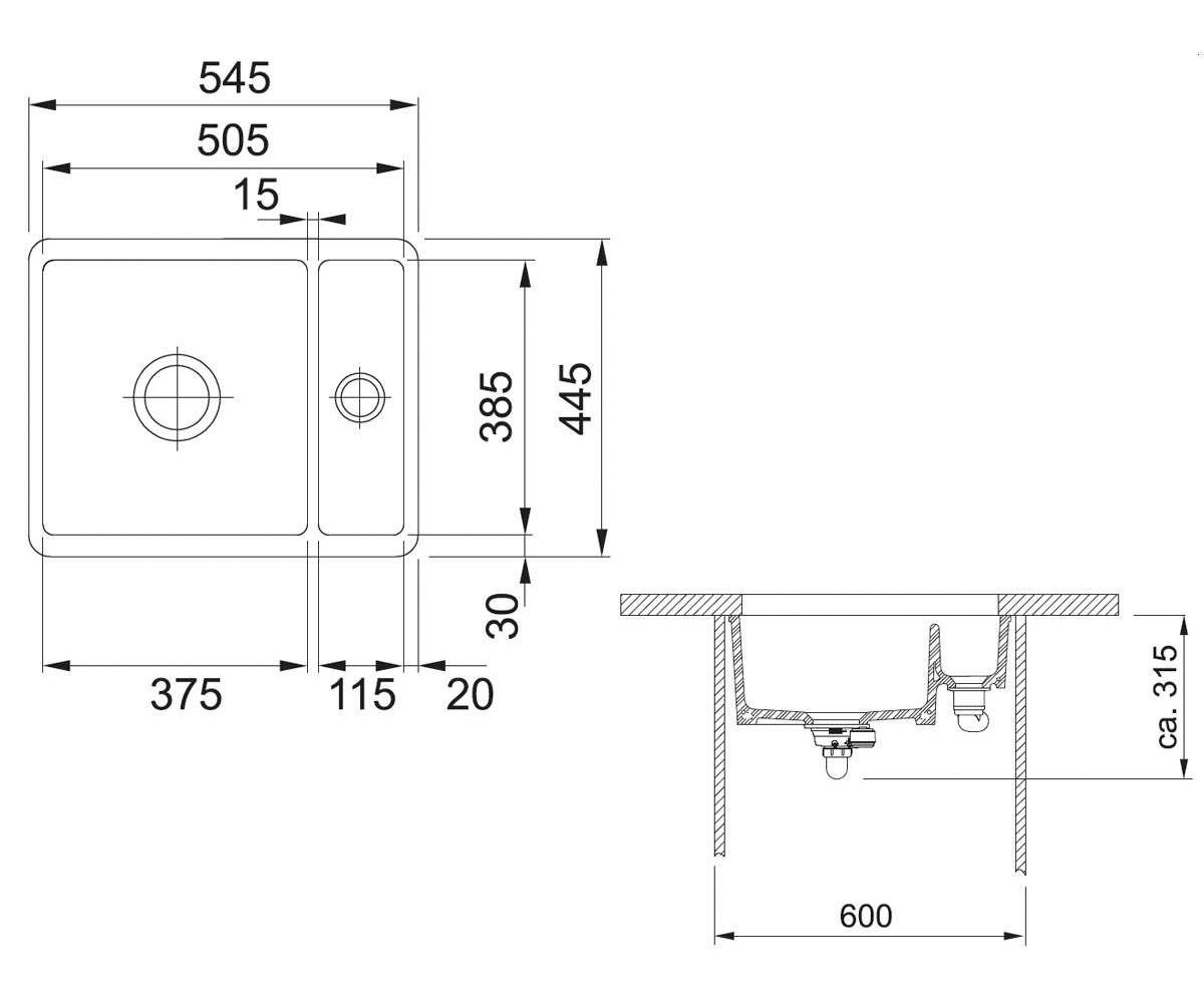 Керамическая мойка  KUBUS KBK 160 126.0380.347:Чертеж 