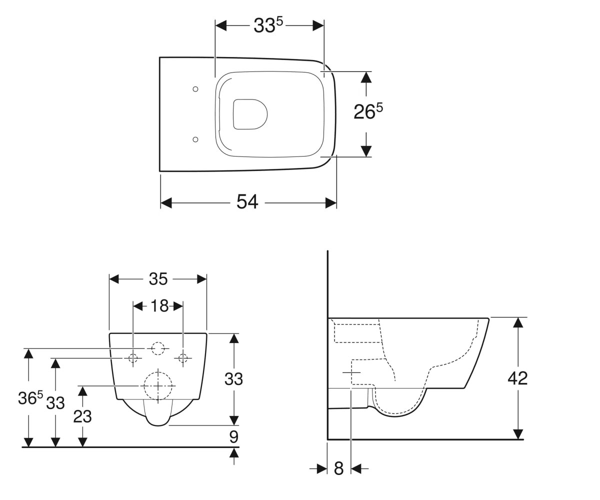 Чаша унитаза  ICON SQUARE RIMFREE 20195000:Чертеж 