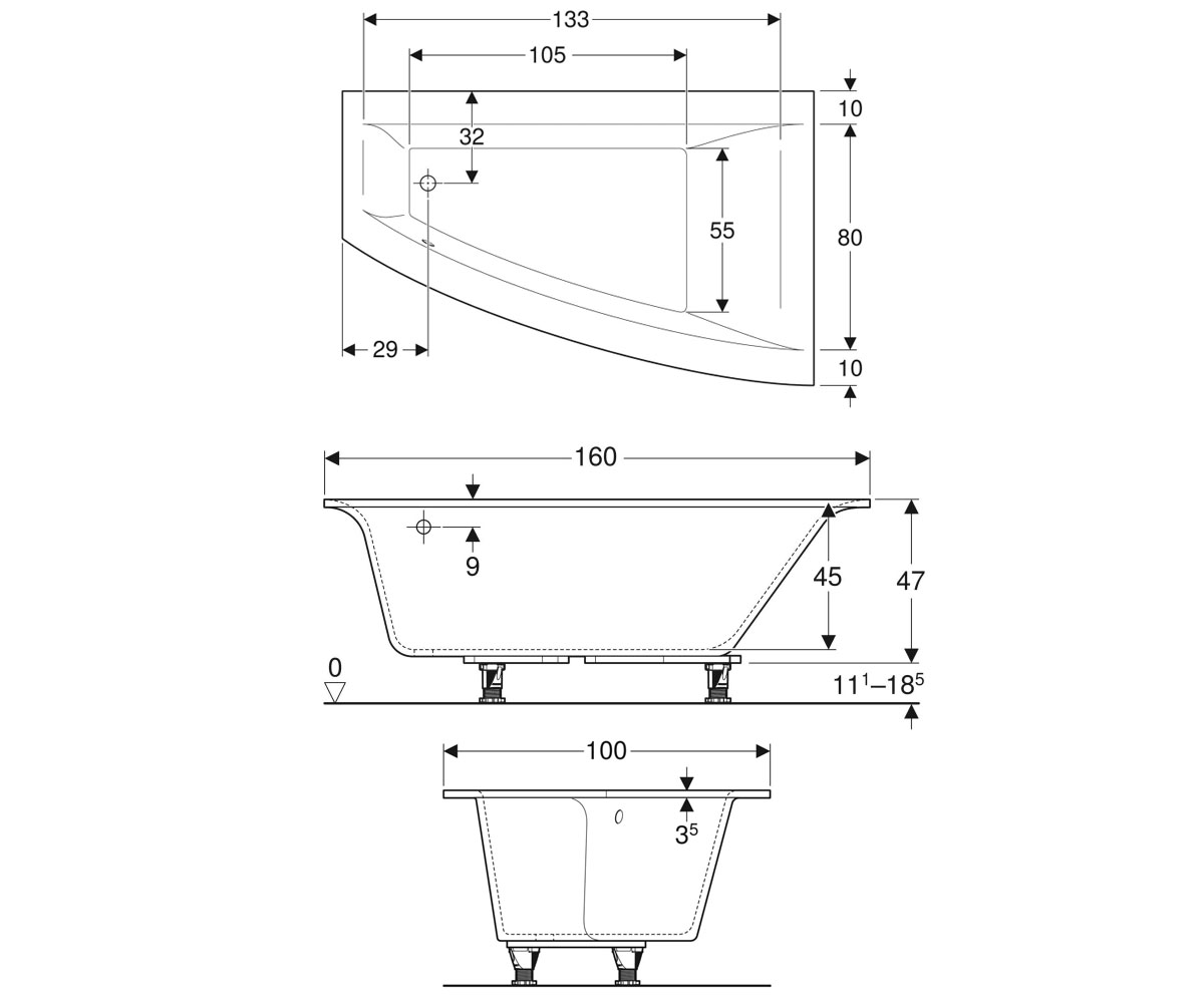 Ванна ассиметричная 160х100 см  SELNOVA SQUARE 554.290.01.1:Чертеж 