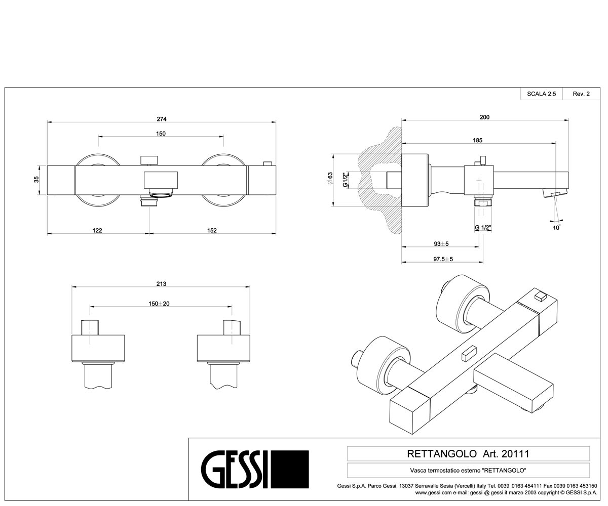 Смеситель для ванны  RETTANGOLO 20111-031:Чертеж 