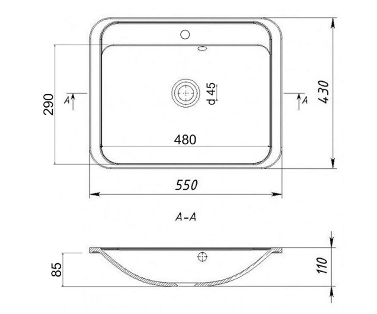Встраиваемая раковина 55 см  WHI-05 550X430/110:Чертеж 