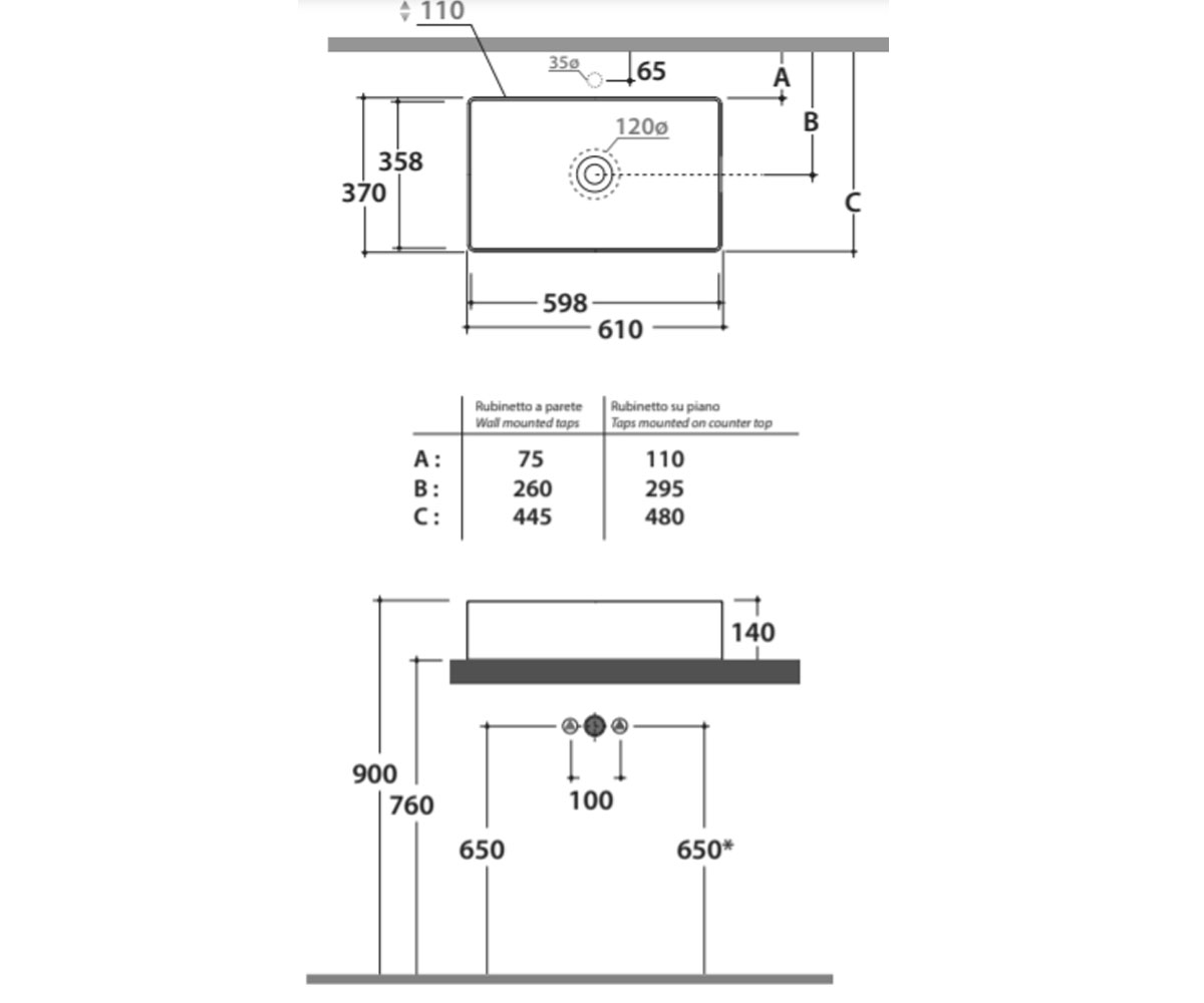 Раковина накладная 61 см  T-EDGE B6R63AR:Чертеж 