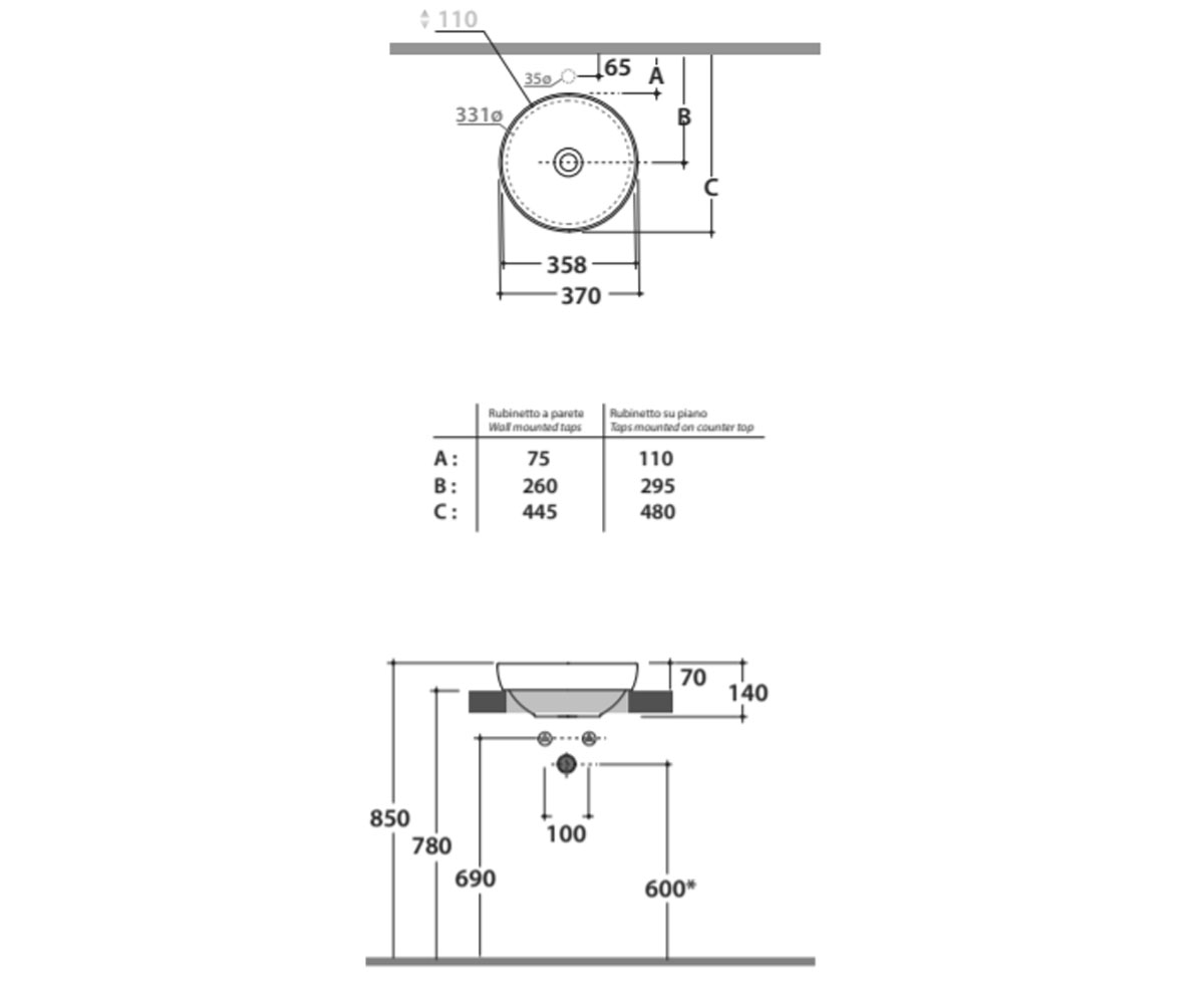 Накладная раковина 37 см  T-EDGE B6T38BI:Чертеж 
