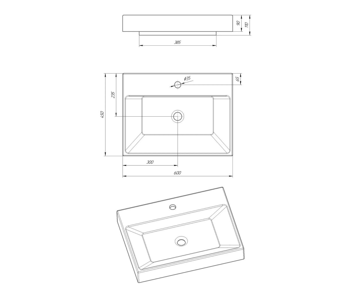 Прямоугольная врезная раковина  NUENO GBS0705G:Чертеж 