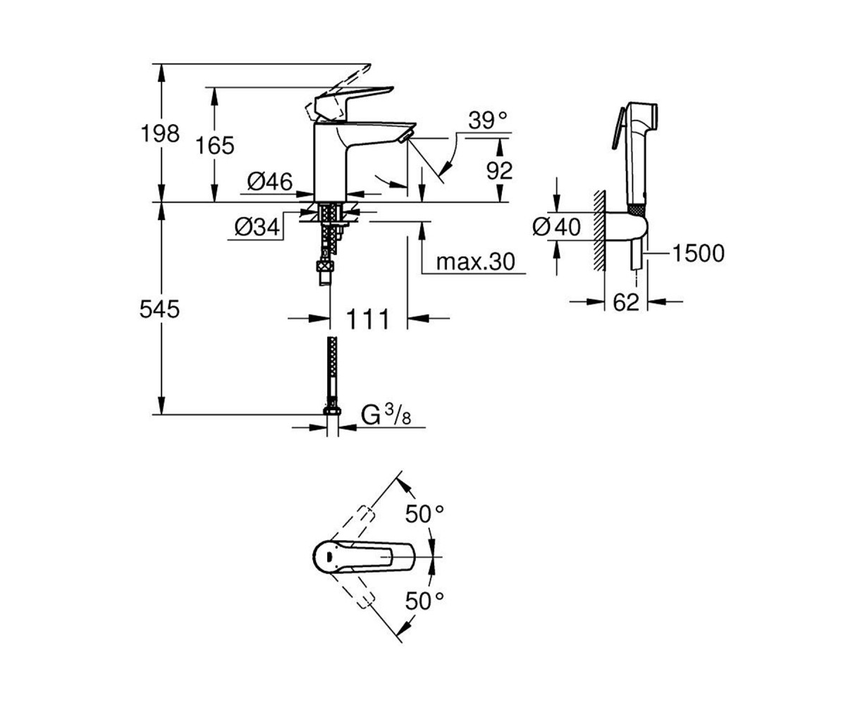 Набір для гігієнічного душу зі змішувачем Grohe QuickFix Start S-Size 231232433  START 231232433:Чертеж 