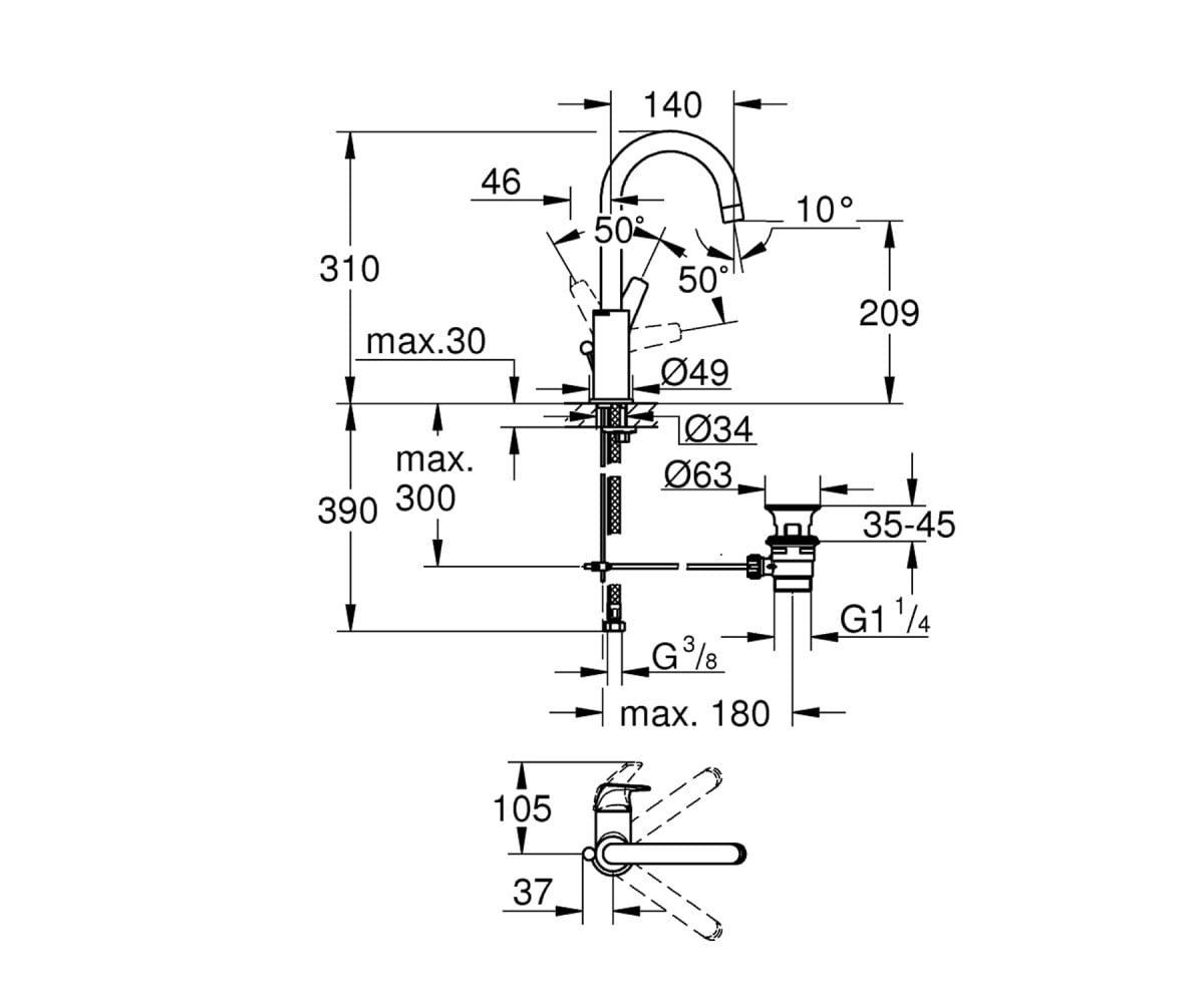 Змішувач для раковини Grohe Start Flow L-Size 23811000 з донним клапаном  23811000:Чертеж 