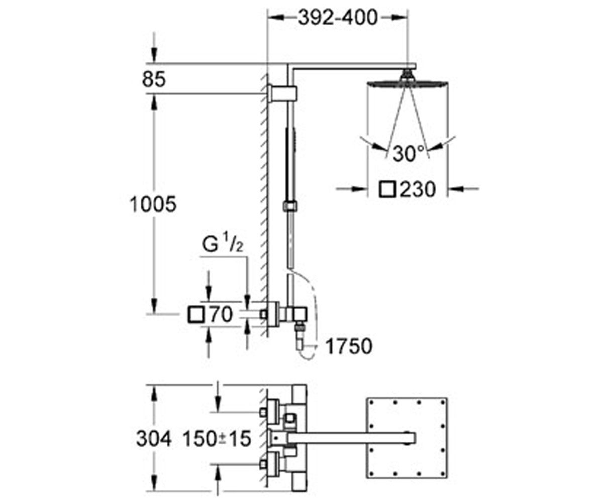 Душова система  GROHTHERM CUBE XXL SYSTEM 230 26087000:Чертеж 