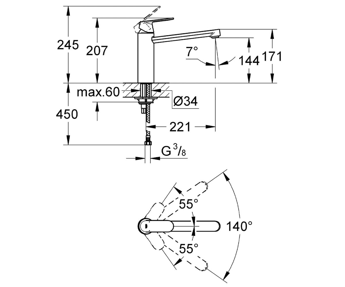 Кухонный латунный смеситель  EUROSMART COSMOPOLITAN 30193DC0:Чертеж 