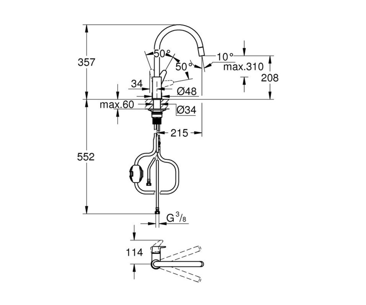 Змішувач для кухні з висувним виливом Grohe StartCurve 30562000  30562000:Чертеж 