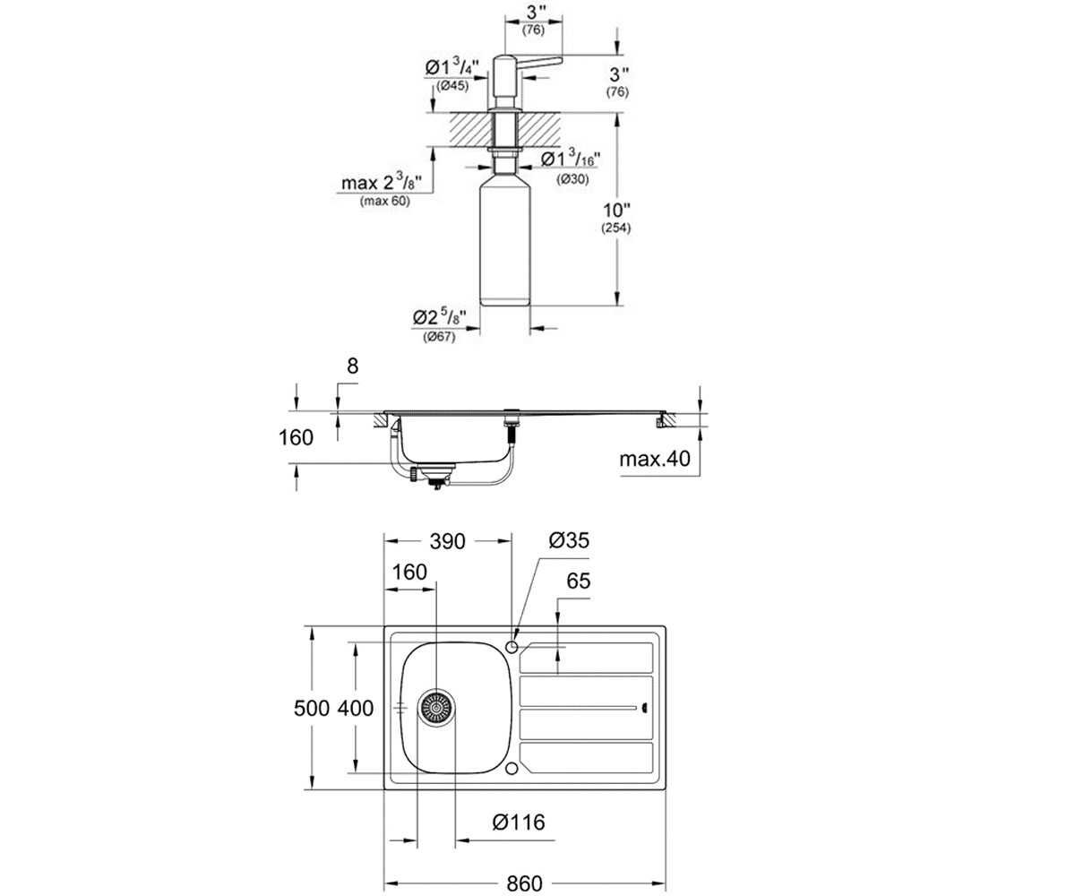 Мойка с дозатором  K-SERIES K 200 31552SD0+40536000:Чертеж 