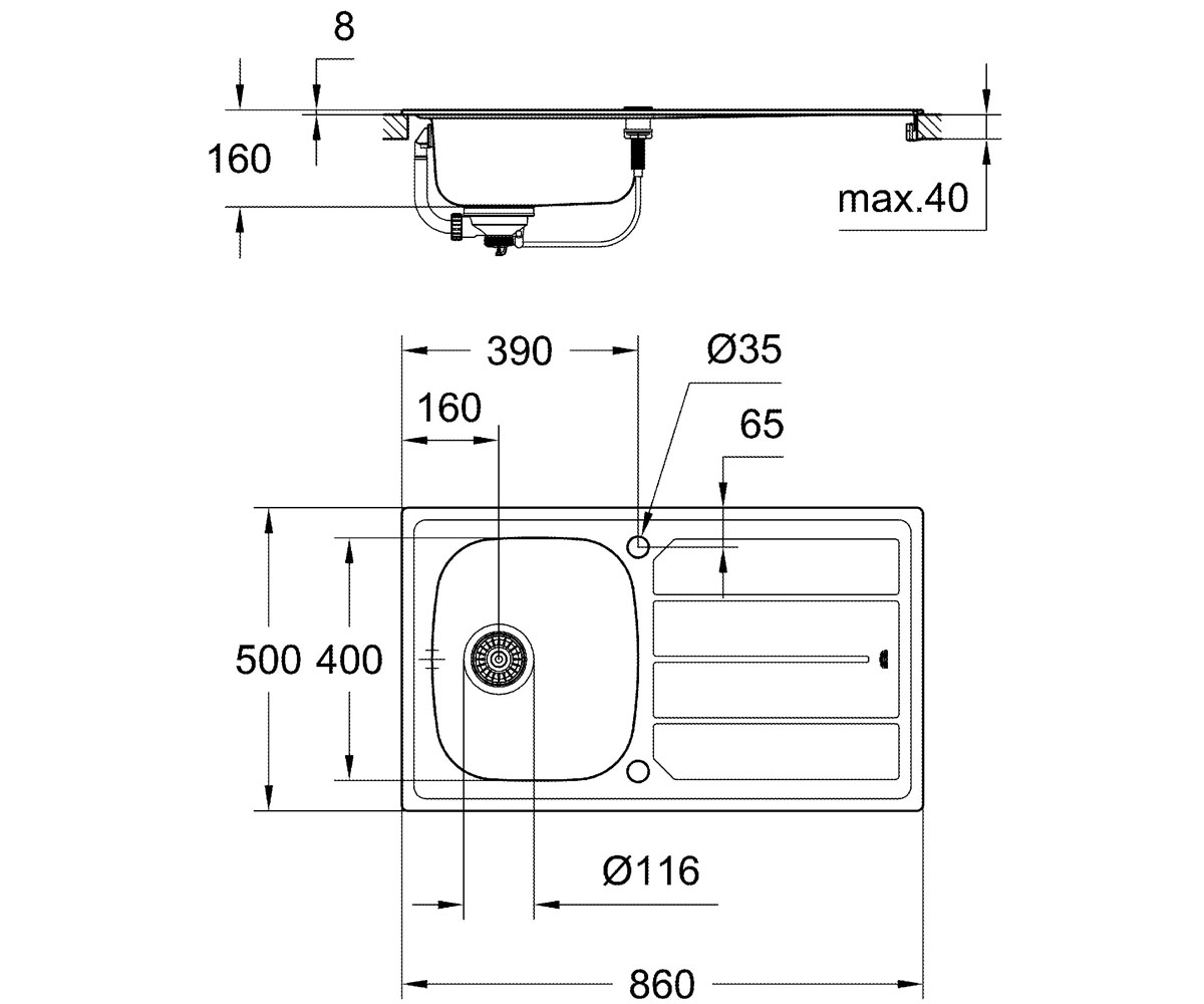 Мойка для кухни с эксцентриком  K-SERIES K 200 31552SD0:Чертеж 
