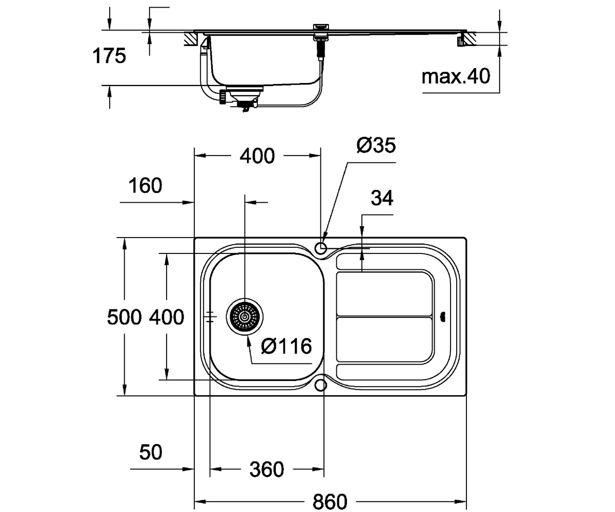 Мойка для кухни с эксцентриком  K-SERIES K 300 31563SD0:Чертеж 