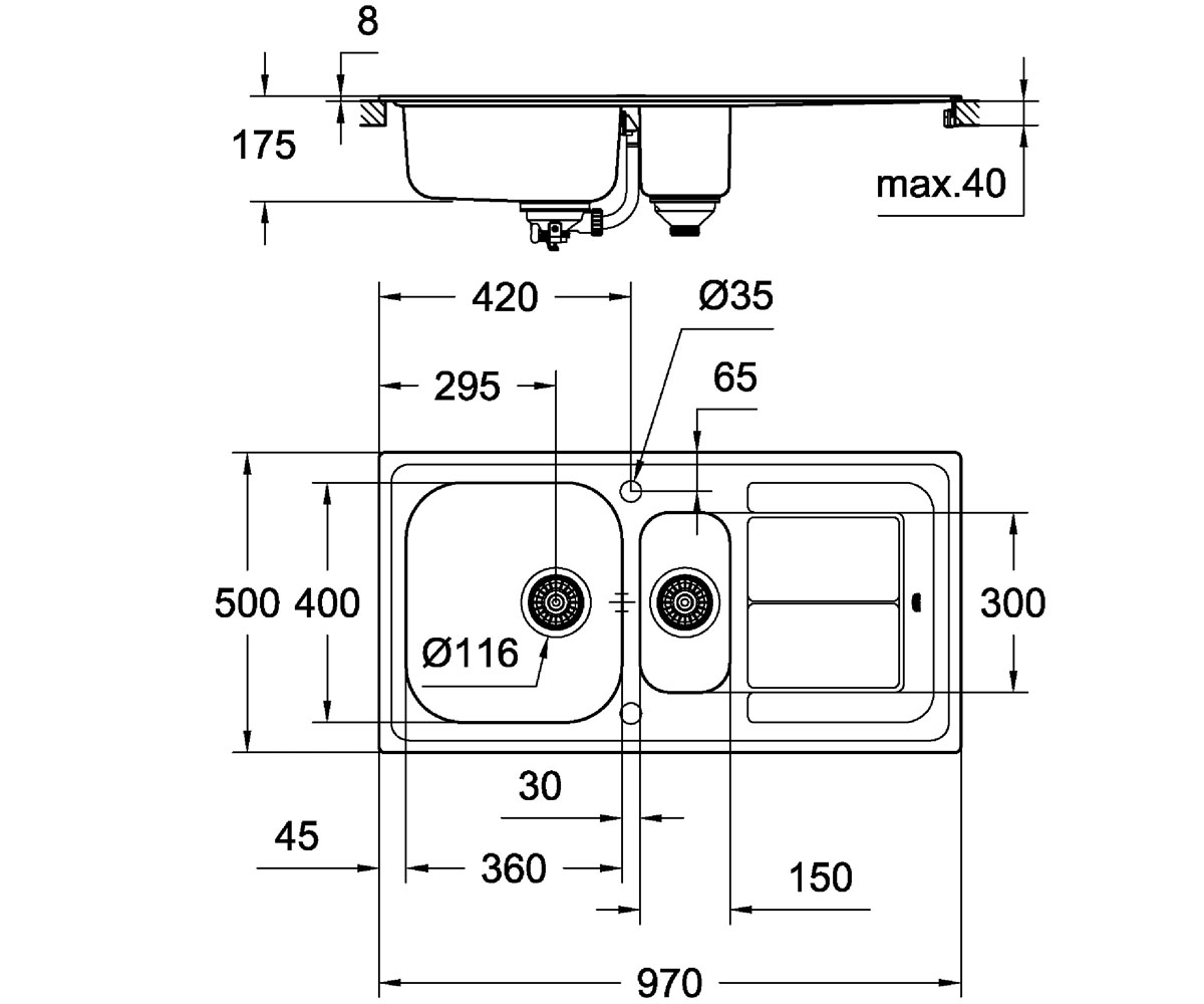 Мойка для кухни с эксцентриком  K-SERIES K 300 31564SD0:Чертеж 
