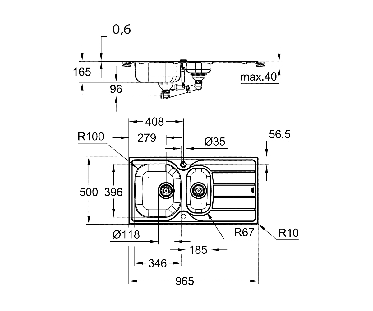 Мойка на полторы чаши  K-SERIES K 200 31564SD1:Чертеж 