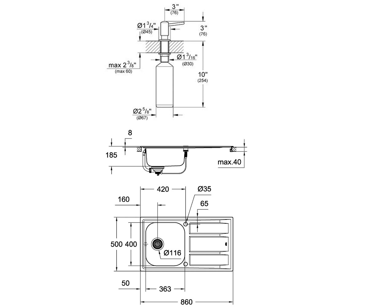 Мойка стальная с дозатором  K-SERIES K 400 31566SD0+40536000:Чертеж 