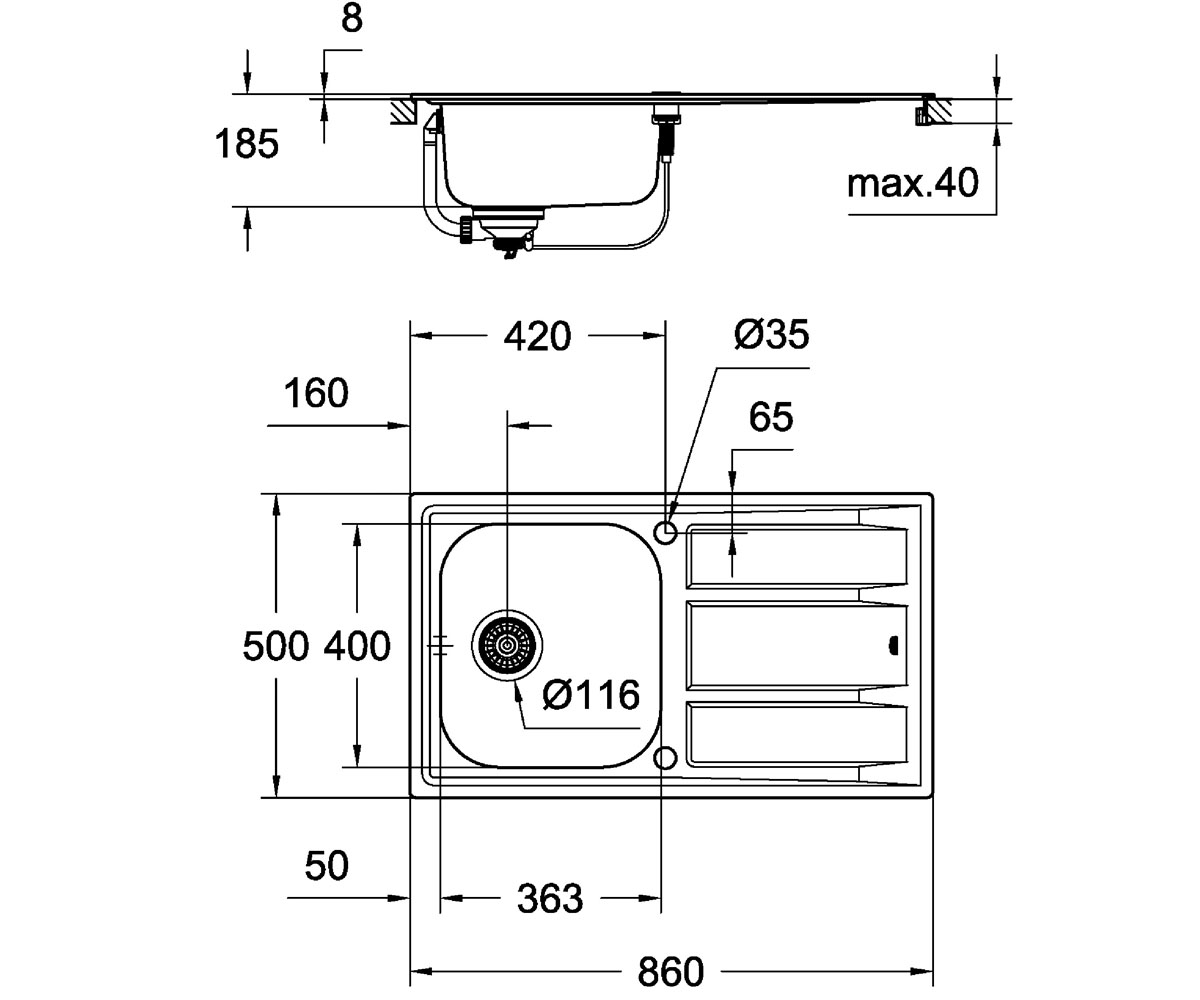 Мойка для кухни с эксцентриком  K-SERIES K 400 31566SD0:Чертеж 